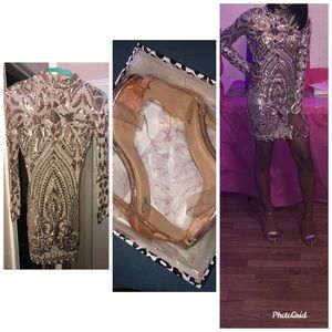 long sleeve. sheer and gold dress.